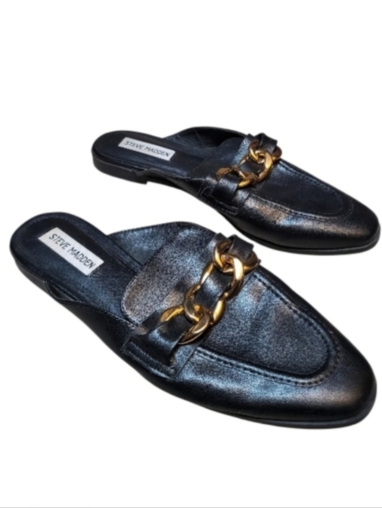 Steve Madden Shoes - Steve Madden Black Leather Cassady Loafer Mules w/ Gold Chain - Size 9M
